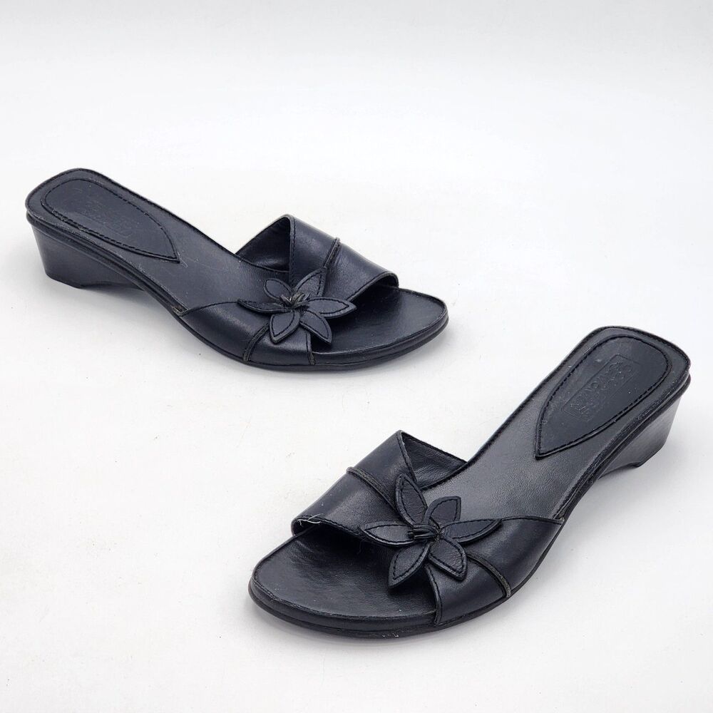 Dockers Y2K Flower Leather Slip On Slide Low Heel Comfort Sandals Black Size 7